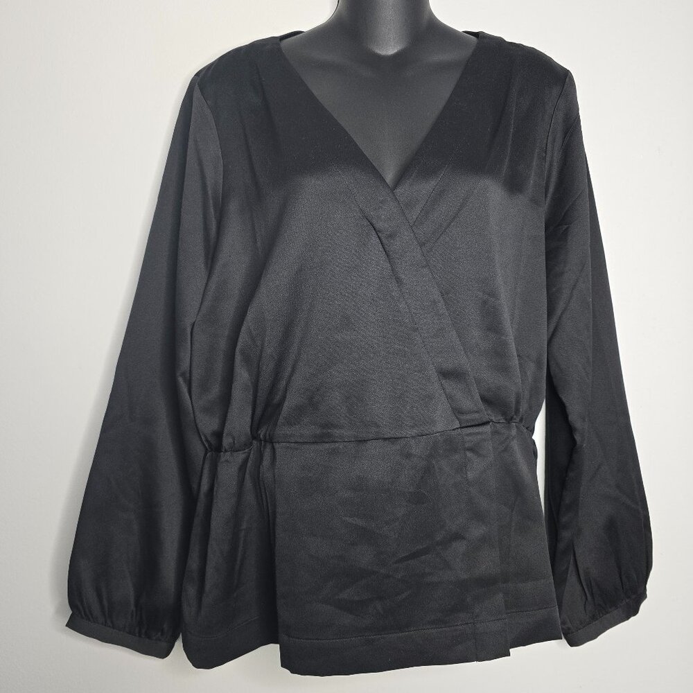 J Crew Womens Large Blouse Drapey Faux-wrap Top Long Sleeve Black NEW Vintage‎
